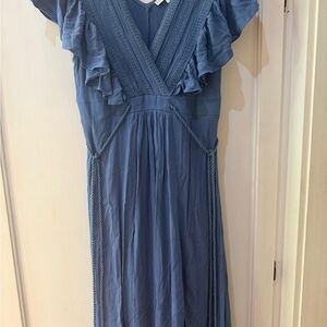 Baltic Born Dusty Blue Midi Dress with Ruffle Sleeves